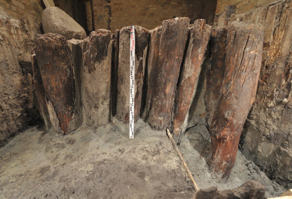 Ekspozicijas papuošę mediniai poliai 2014 –2015 m. archeologinių tyrimų metu2