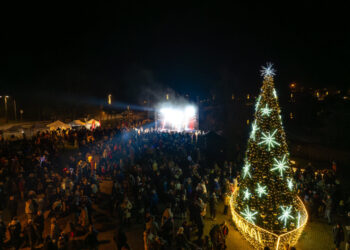 Valtyje „plaukianti“ Kalėdų eglė įžiebta Lietuvos irklavimo sostinėje