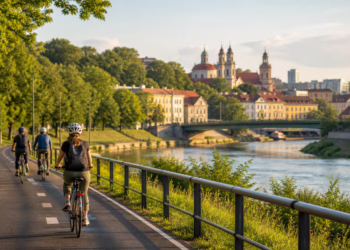 Dviratininkai važiuoja Neries pakrantės dviračių taku Vilniuje
