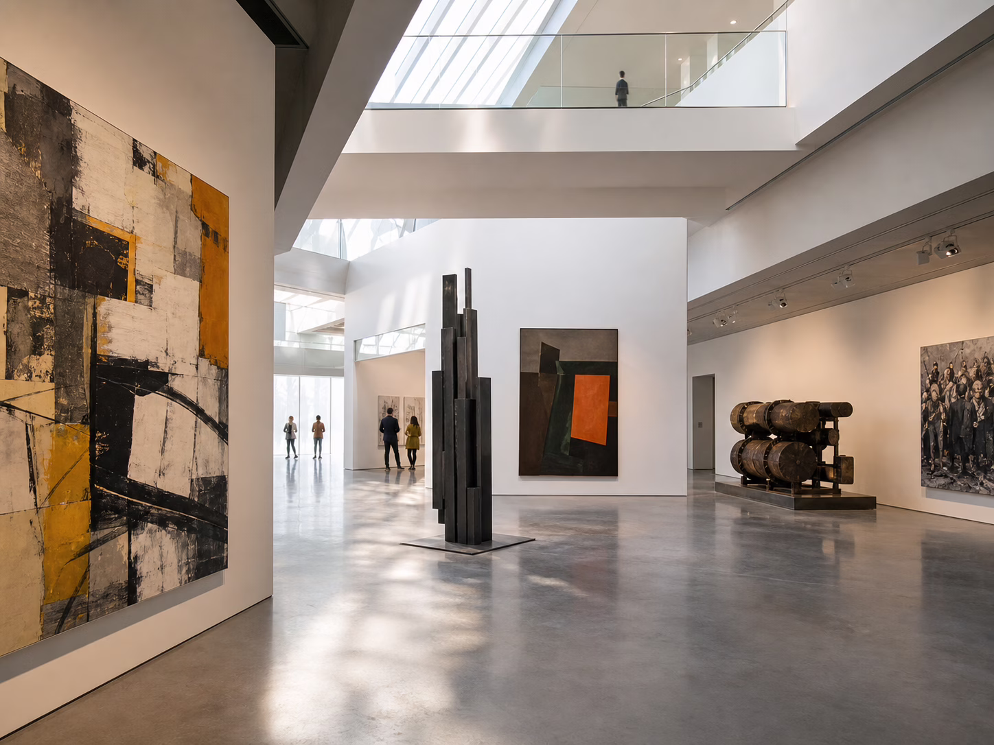Šviesios šiuolaikinio meno galerijos iliustracija su abstrakčiais paveikslais ir skulptūromis