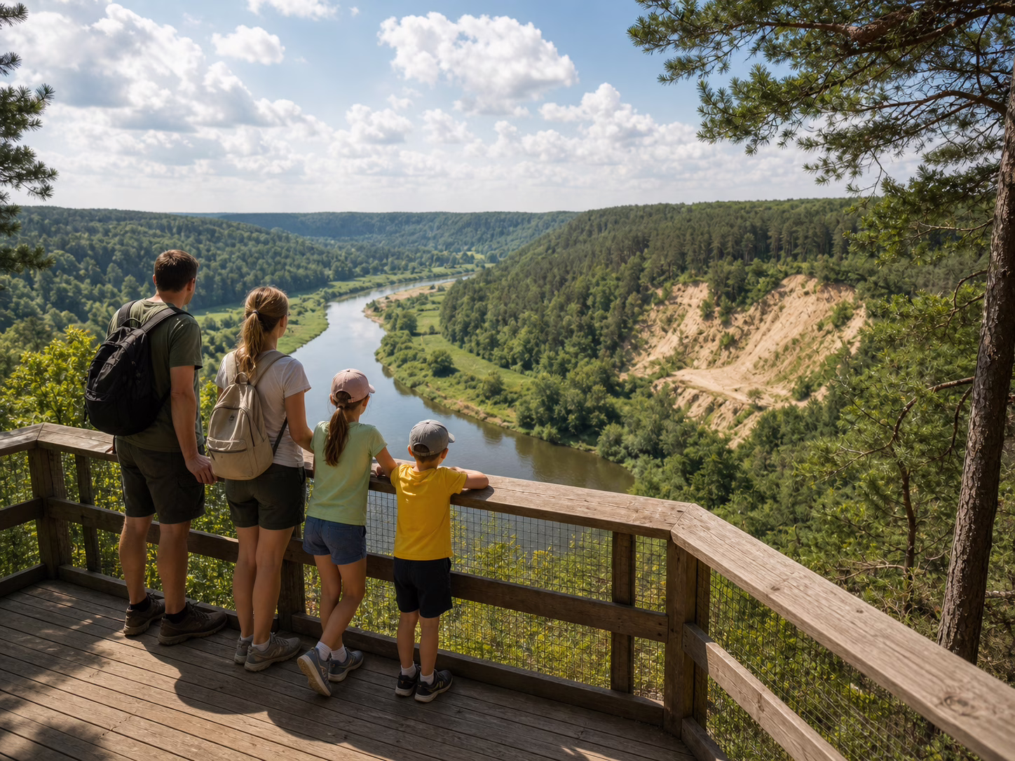 Šeima su vaikais žvelgia nuo saugios apžvalgos aikštelės į Pavilnių regioninio parko slėnį