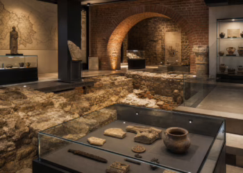 Muziejinė ekspozicija su viduramžių pamatais, archeologiniais radiniais ir mūrinėmis arkomis