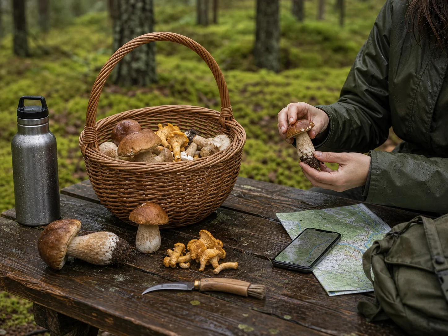 Pintinė su valgomais grybais, peiliuku, vandeniu ir žemėlapiu