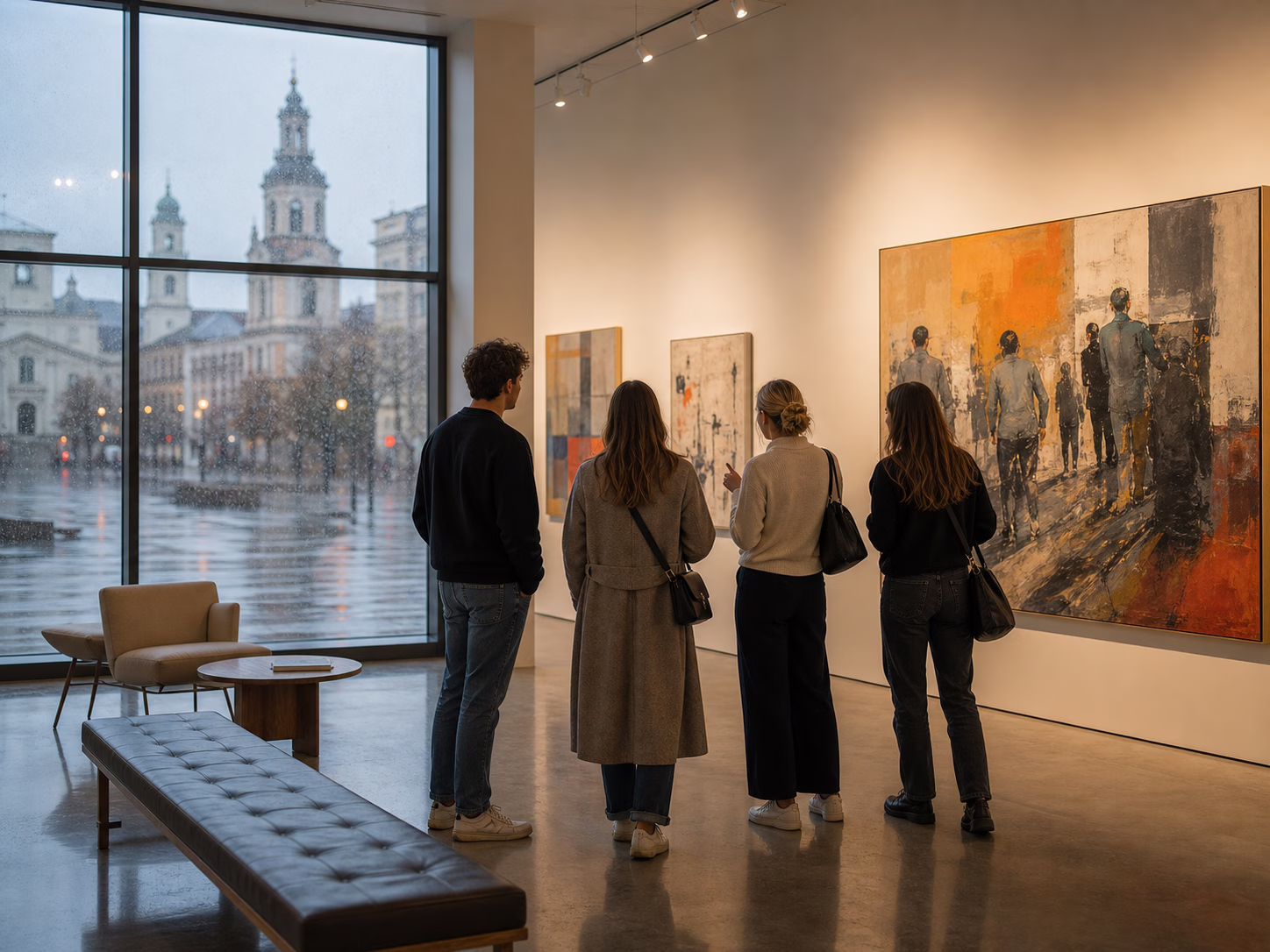 Draugai apžiūri meno kūrinius Vilniaus galerijoje, už lango lyja
