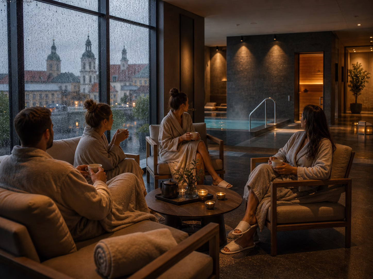 Draugai ilsisi šiltame SPA poilsio kambaryje, pro langą matyti lietingas Vilnius