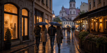 Draugai su skėčiais eina lietingu Vilniaus senamiesčiu pro jaukiai apšviestas kavines