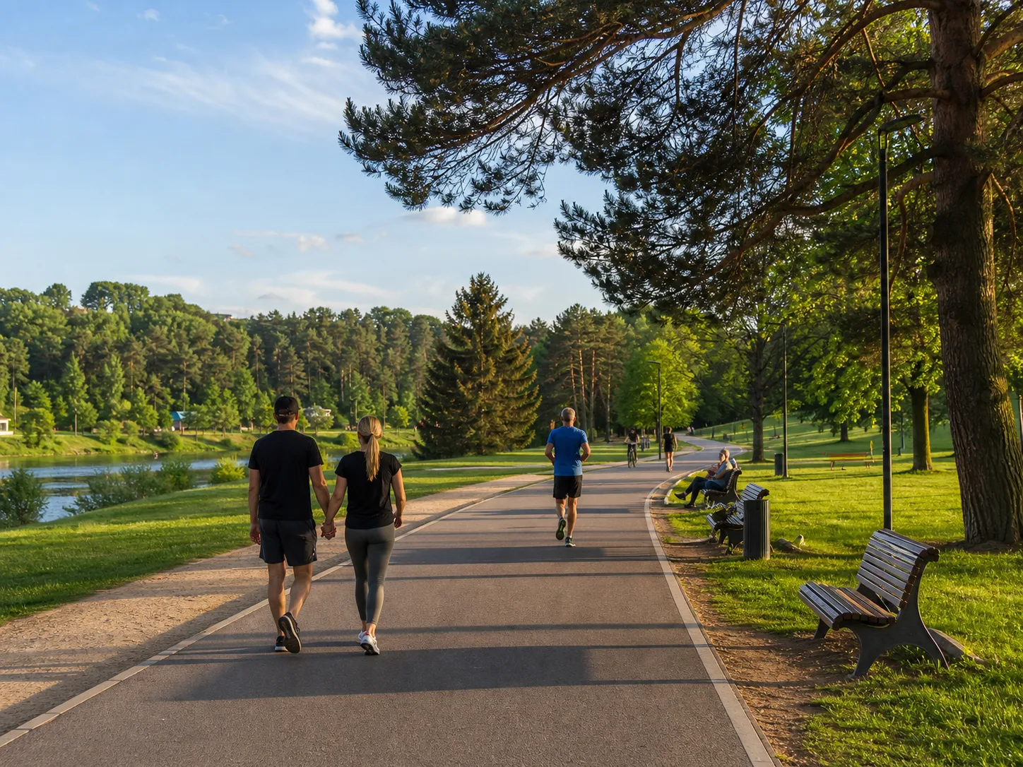 Žmonės eina plačiu taku Vingio parke
